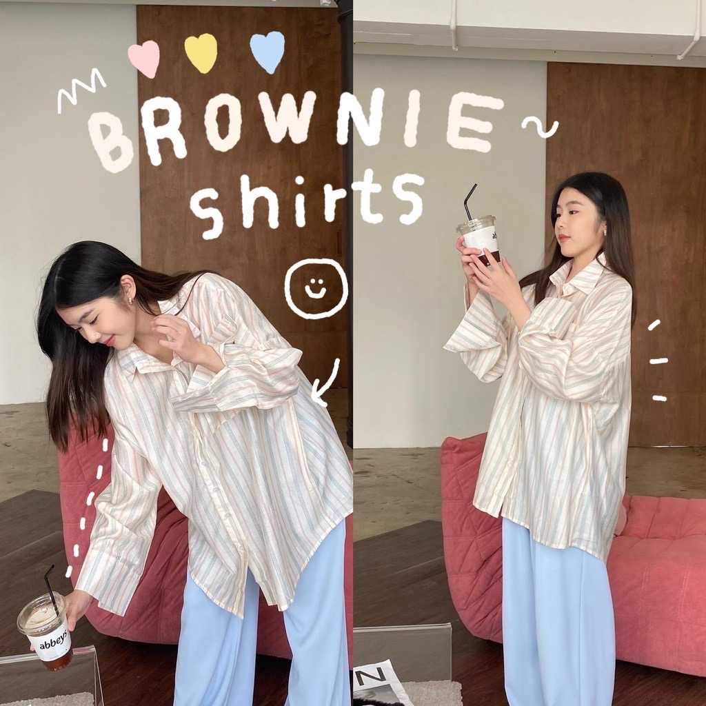 chuuchop_พร้อมส่ง(C7717) 📦🧸 BROWNIE shirts เสื้อเชิ้ตแขนยาวสีเบจลายทางผ้าซีฟอง