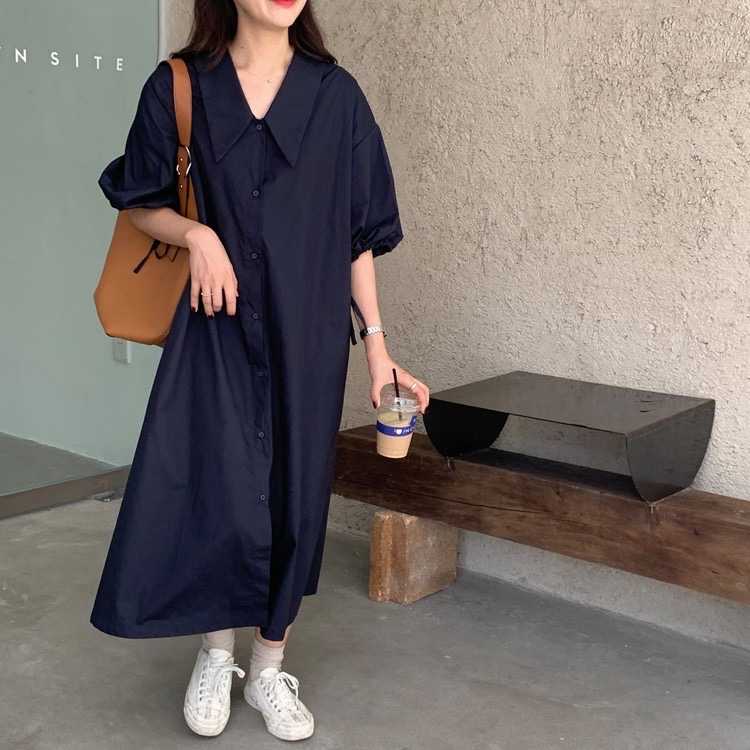 chuuchop_ พร้อมส่ง(C6339)✨🥨🏖Navy blue dress ชุดเดรสยาวแต่งปก สีกรมเข้ม แต่งผูกปลายแขน
