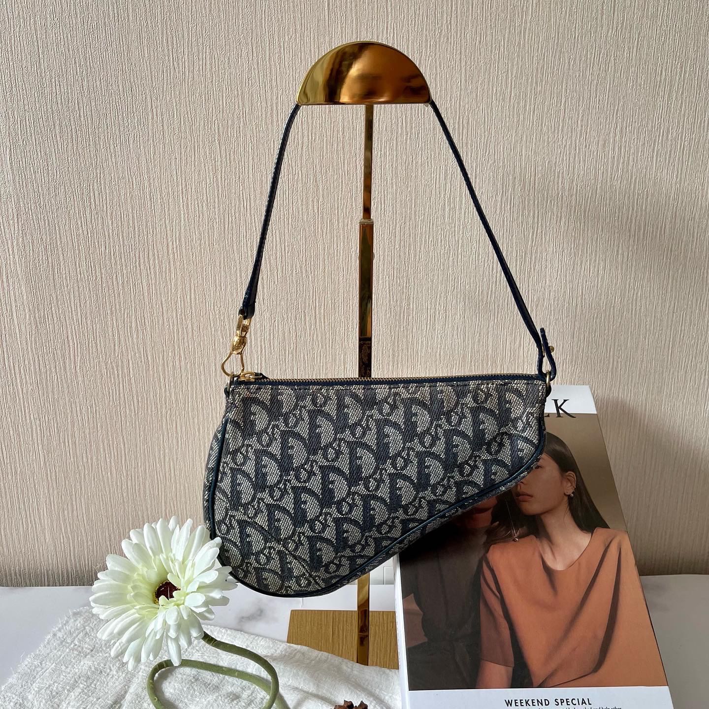 ดิออร์ saddle pouch vintage GHW in Blue Jaqquard (dustbag)