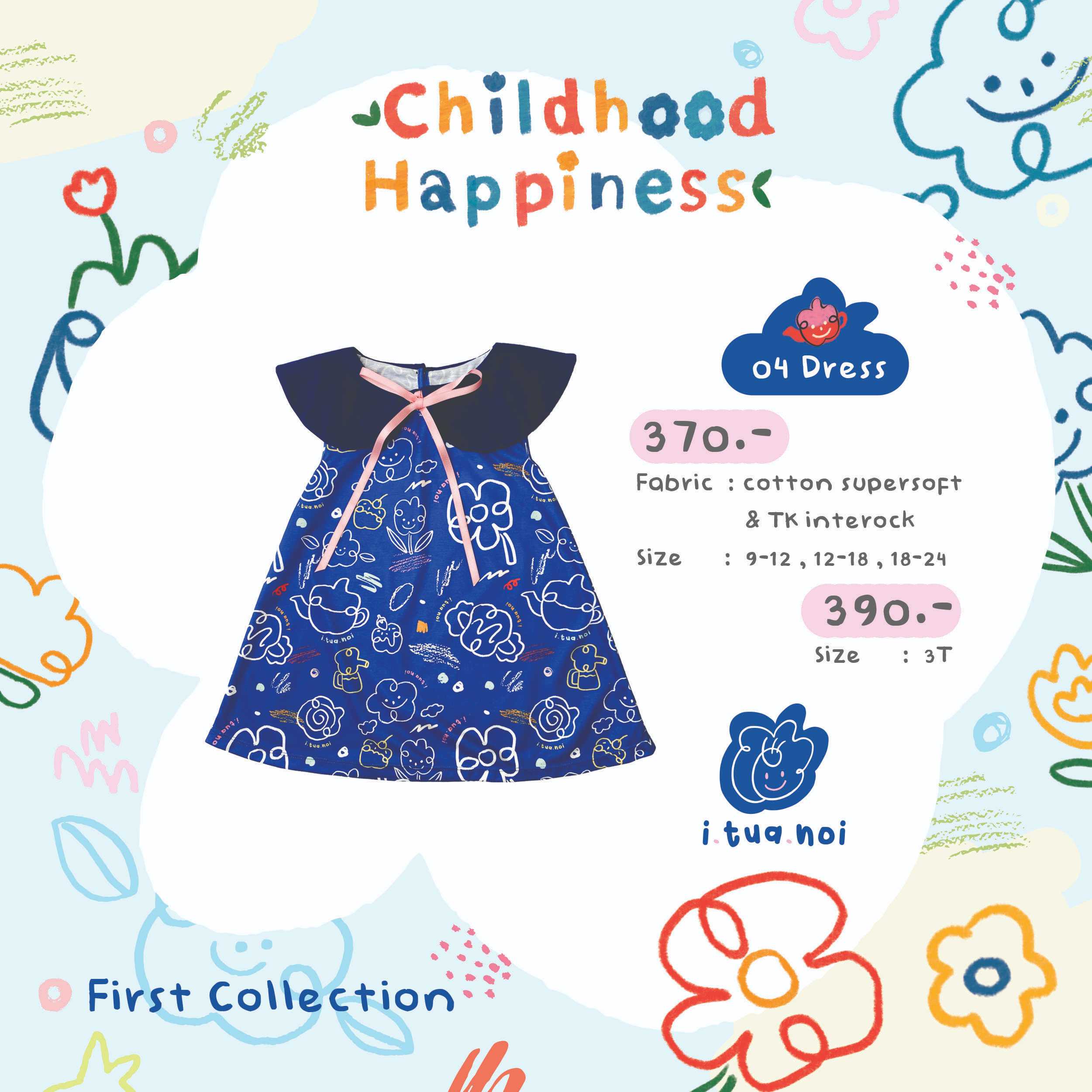 ITN04 l Dress ชุดเดรสลายน้ำเงิน คอปก (Childhood Collection)