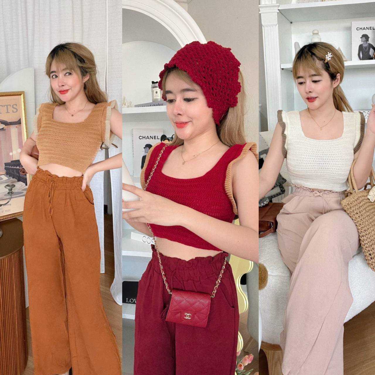 SET 2ชิ้น เสื้อไหมพรมแขนกุด + กางเกงขายาว