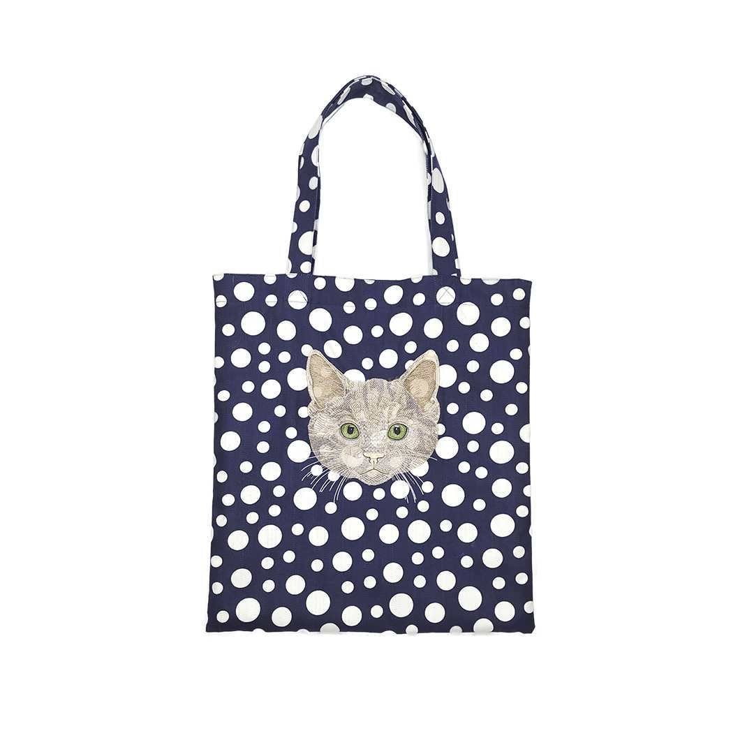 White Denim Tote Bag With Polka Dot Screen and Cat Embroidery.