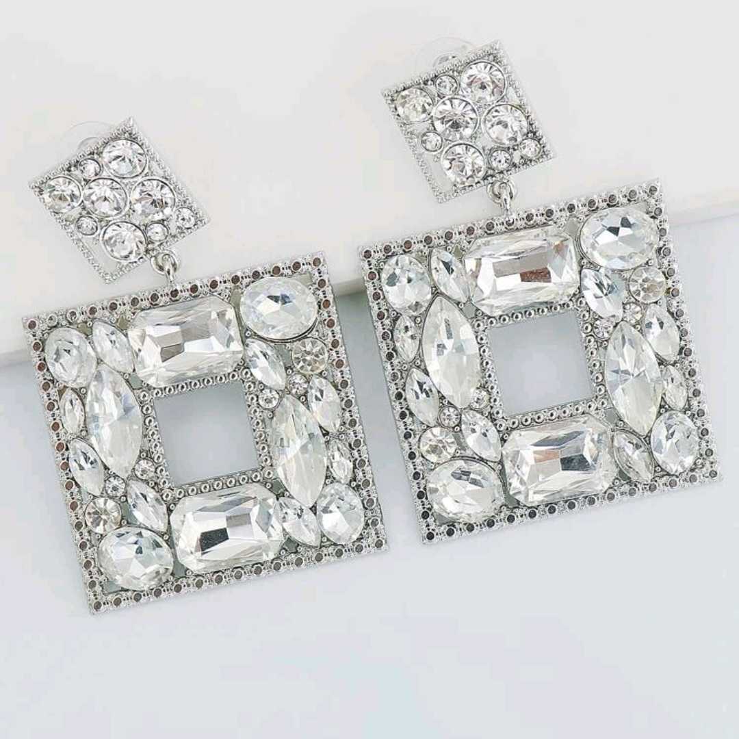 ต่างหู Rhinestone Square สี่เหลี่ยมฝังลูกปัดเพชร