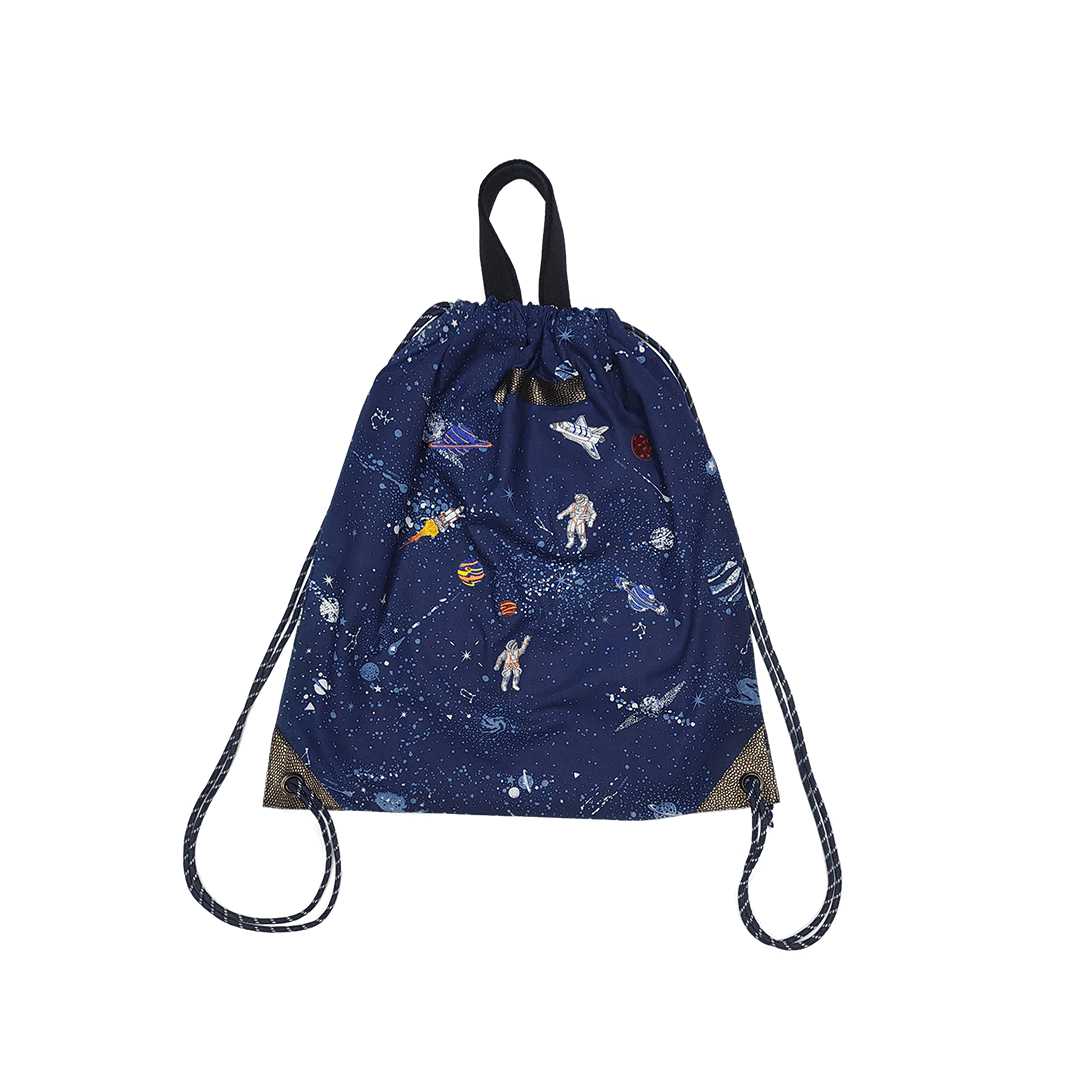 Discharge Pattern Print On Indigo-Dyed Cotton Drawstring Backpack  With Space Embroidery