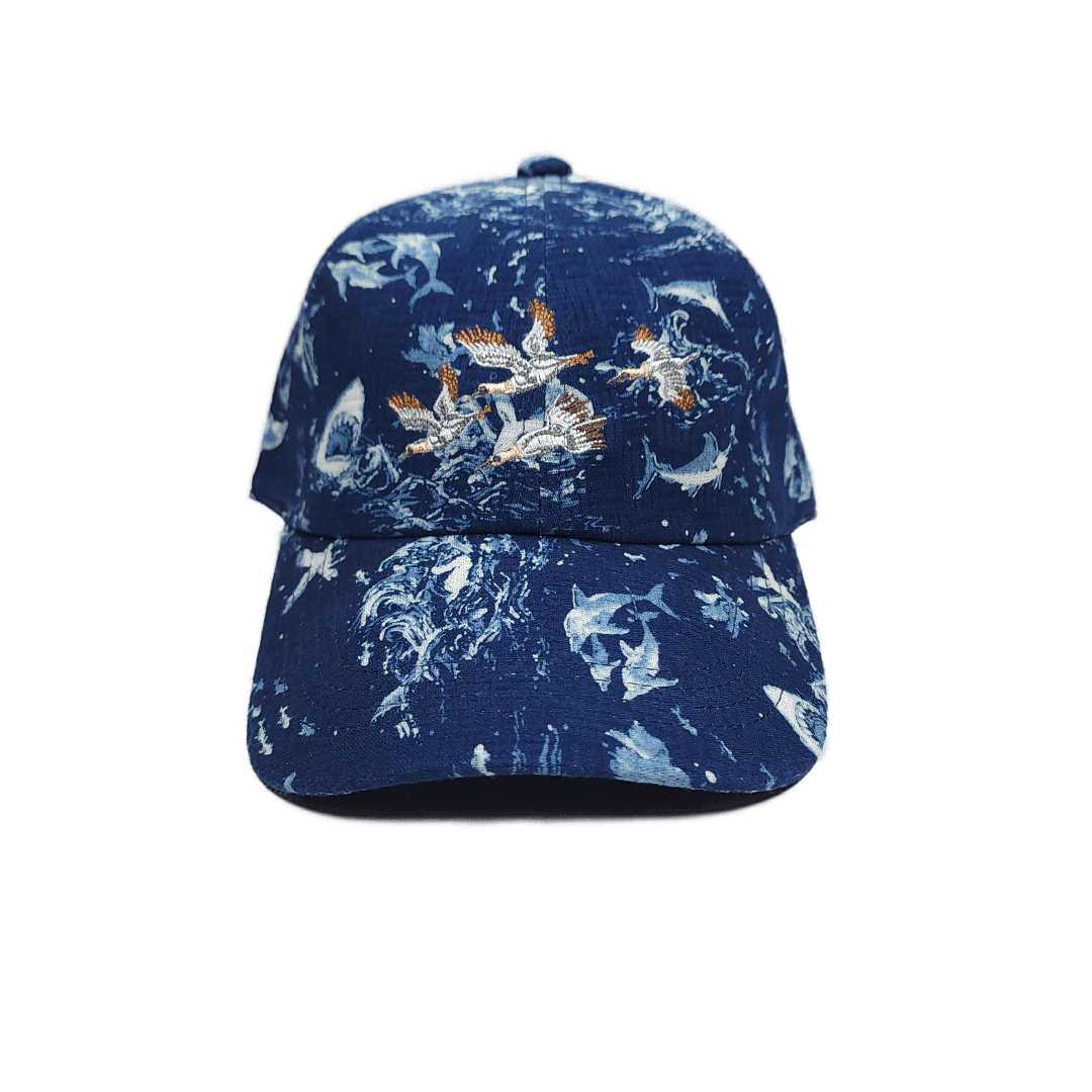 KLED TAO(Turtle Scale) Pattern Woven Fabric On Indigo-Dyed Cotton Cap With Kingfisher Embroidery.