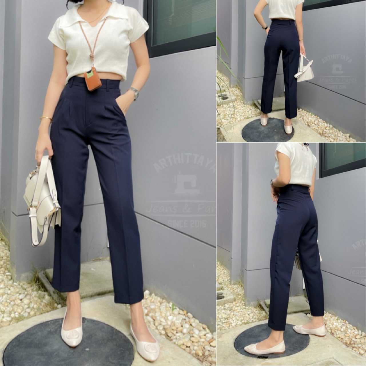 VT⭐️Best seller☜⭐️กางเกงเอวสูงทรงวินเทจ 8ส่วน👖สีกรม
