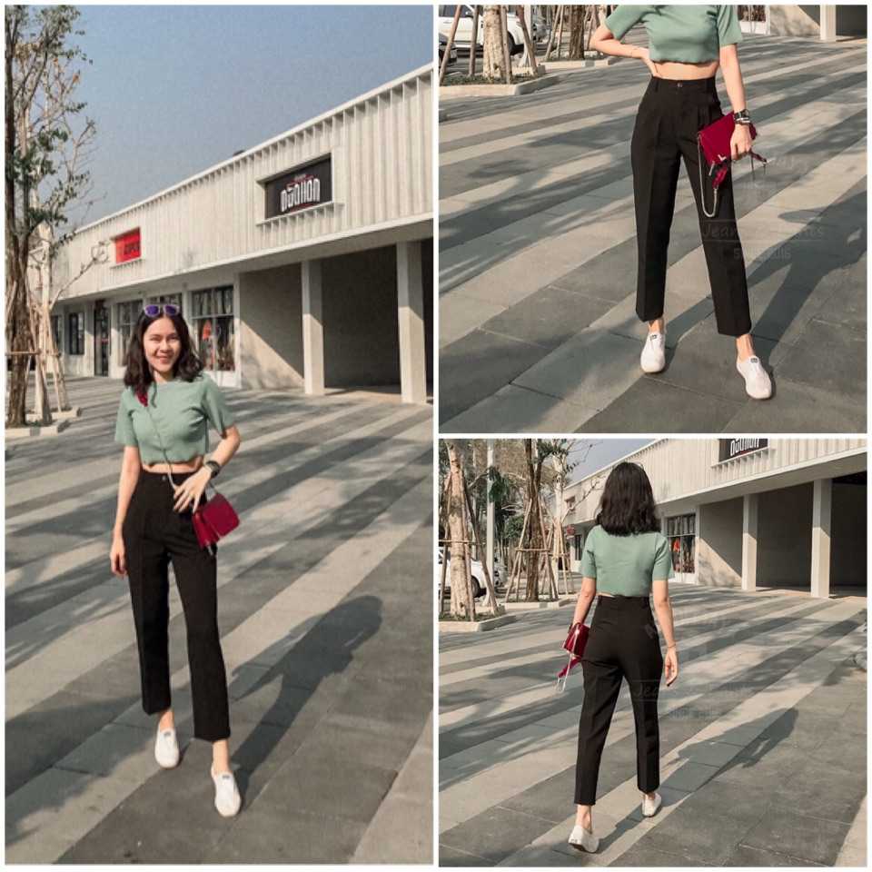 VT⭐️Best seller☜⭐️กางเกงเอวสูงทรงวินเทจ 8ส่วน👖สีดำ