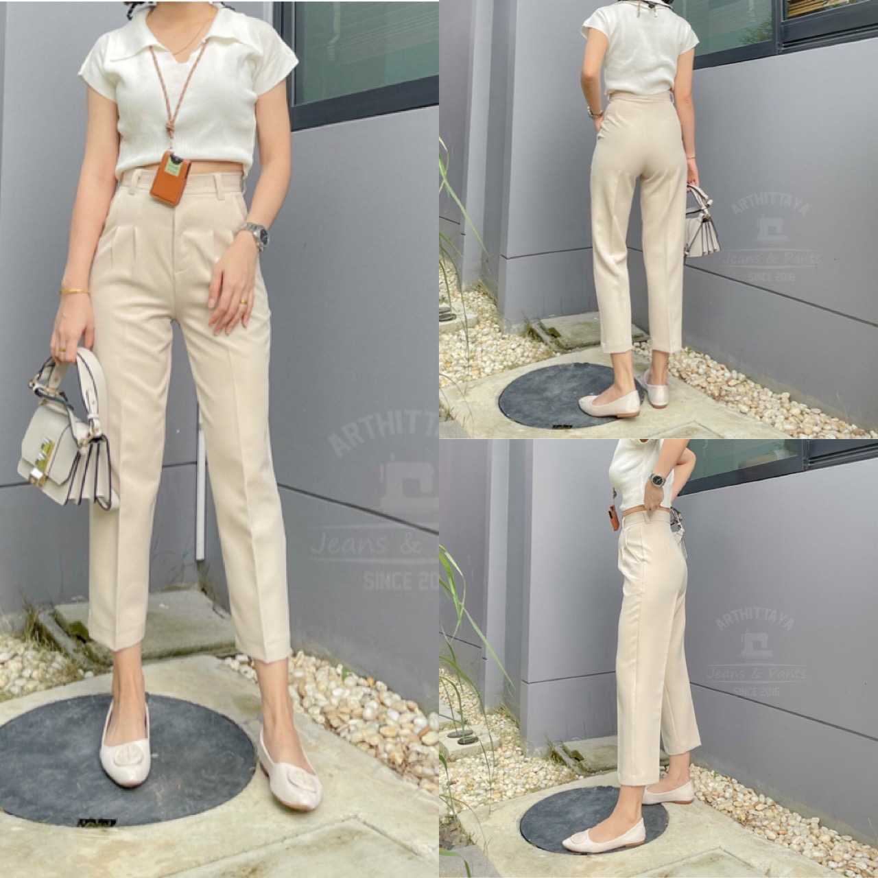 VT⭐️Best seller☜⭐️กางเกงเอวสูงทรงวินเทจ 8ส่วน👖สีครีม