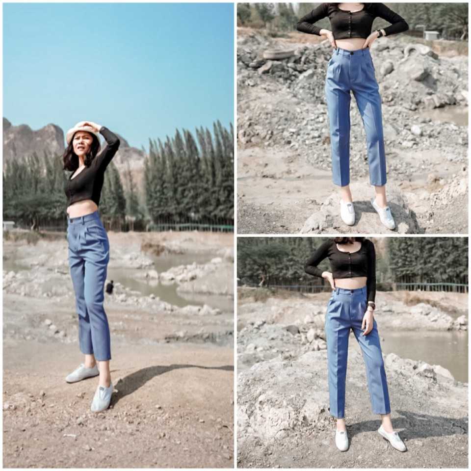 VT⭐️Best seller☜⭐️กางเกงเอวสูงทรงวินเทจ 8ส่วน👖สีฟ้า