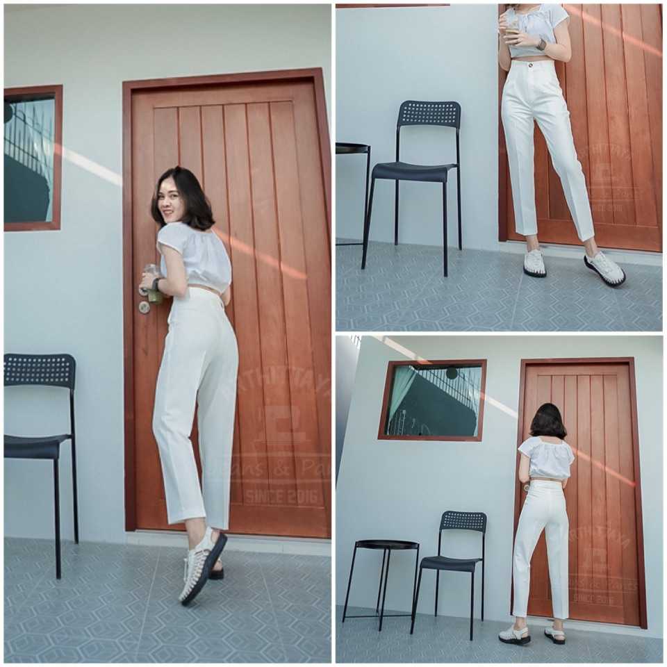 VT⭐️Best seller☜⭐️กางเกงเอวสูงทรงวินเทจ 8ส่วน👖สีขาว