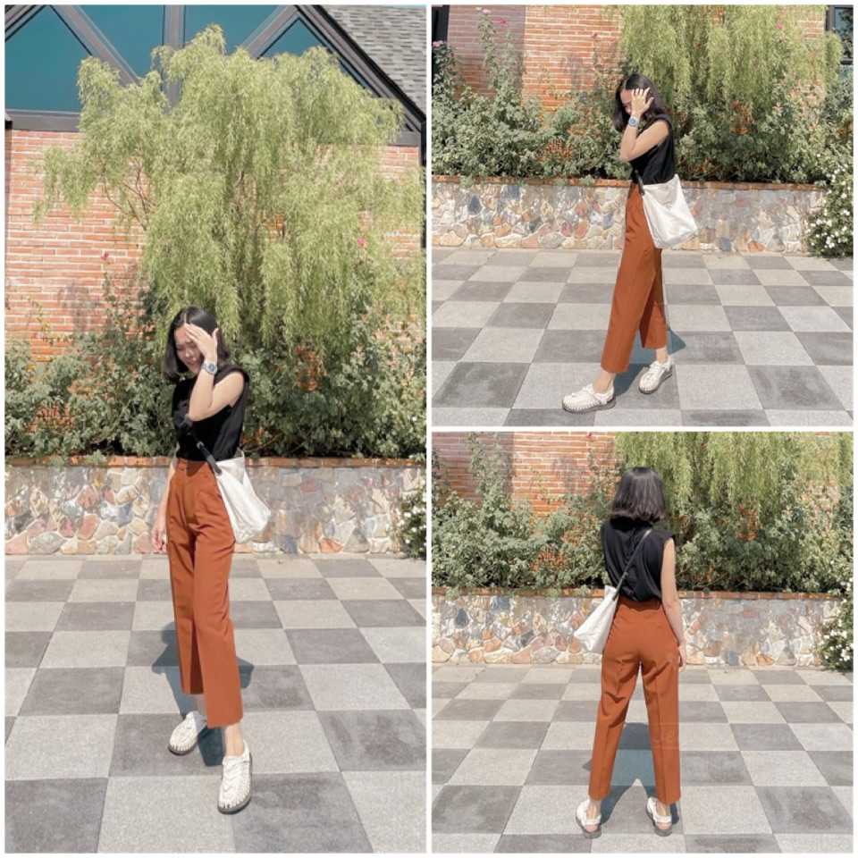 VT⭐️Best seller☜⭐️กางเกงเอวสูงทรงวินเทจ 8ส่วน👖สีอิฐ
