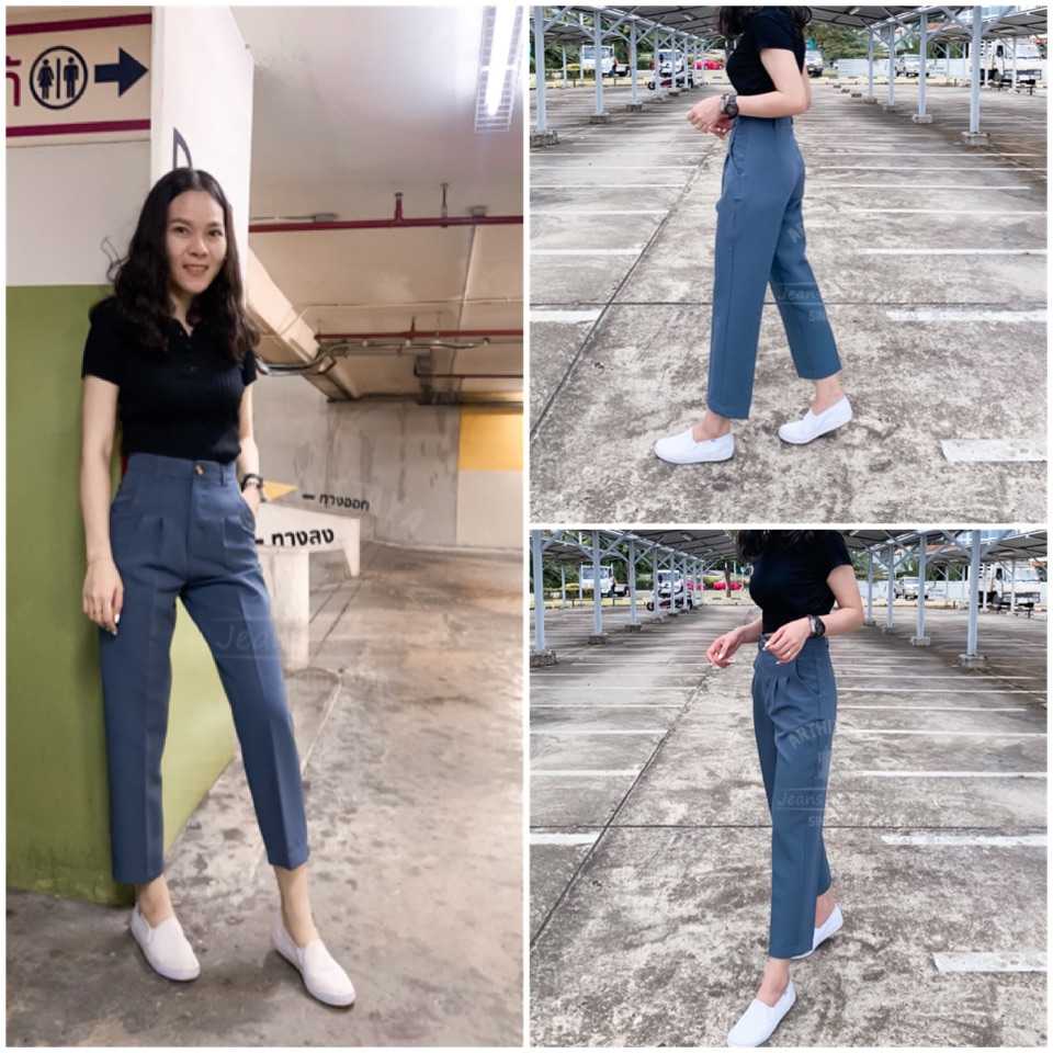 VT⭐️Best seller☜⭐️กางเกงเอวสูงทรงวินเทจ 8ส่วน👖สีเทาฟ้า