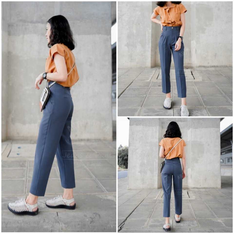VT⭐️Best seller☜⭐️กางเกงเอวสูงทรงวินเทจ 8ส่วน👖สีเทาเข้ม