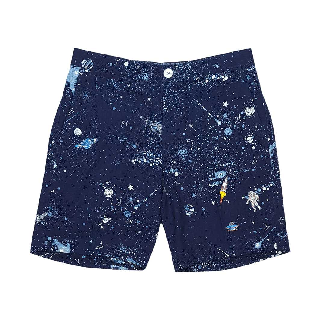 KLED TAO Pattern Woven Fabric On Signature Indigo-Dyed Cotton Shorts With Space Embroidery.