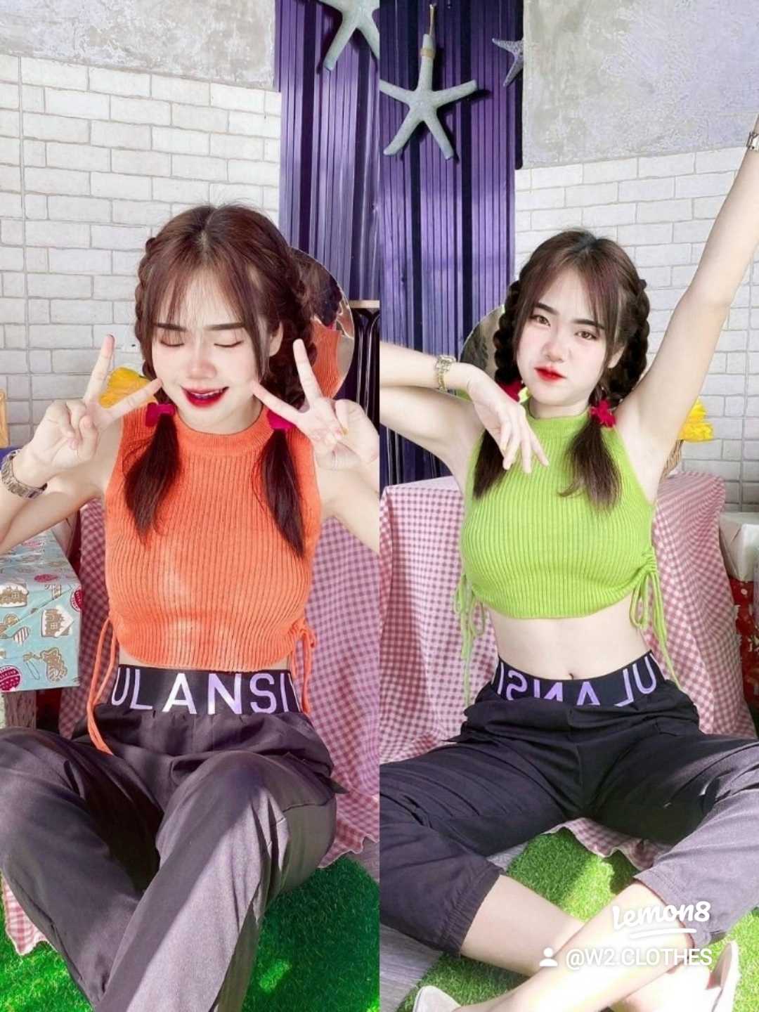 ชุดเซท 2 ชิ้น เสื้อขอบเอวลอย + กางเกงขายาว