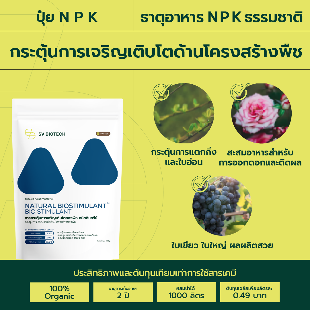 ปุ๋ย NPK ออร์แกนิค มีไนโตรเจนสูง บำรุงลำต้นและใบ ช่วยกระตุ้นการแตกกิ่งและใบ ใบเขียว ขนาด 500 ก.