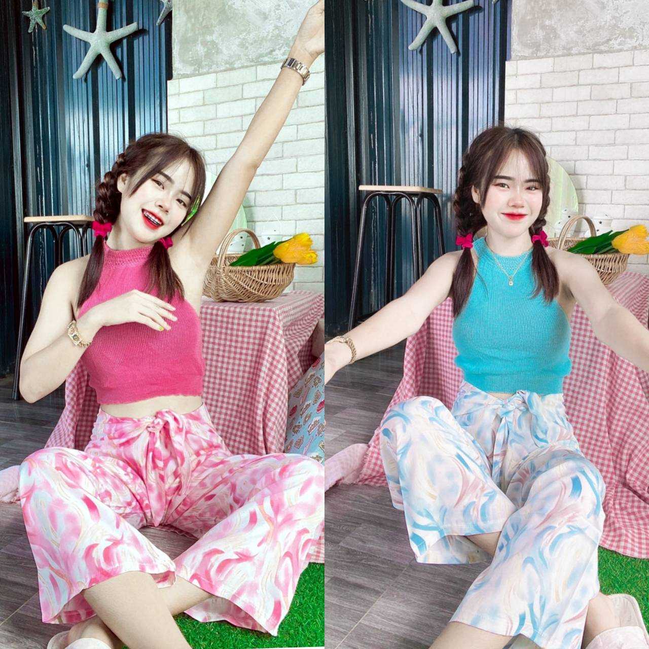 ชุดเซท 2ชิ้น เสื้อครอป แขนกุด + กางเกงขายาว