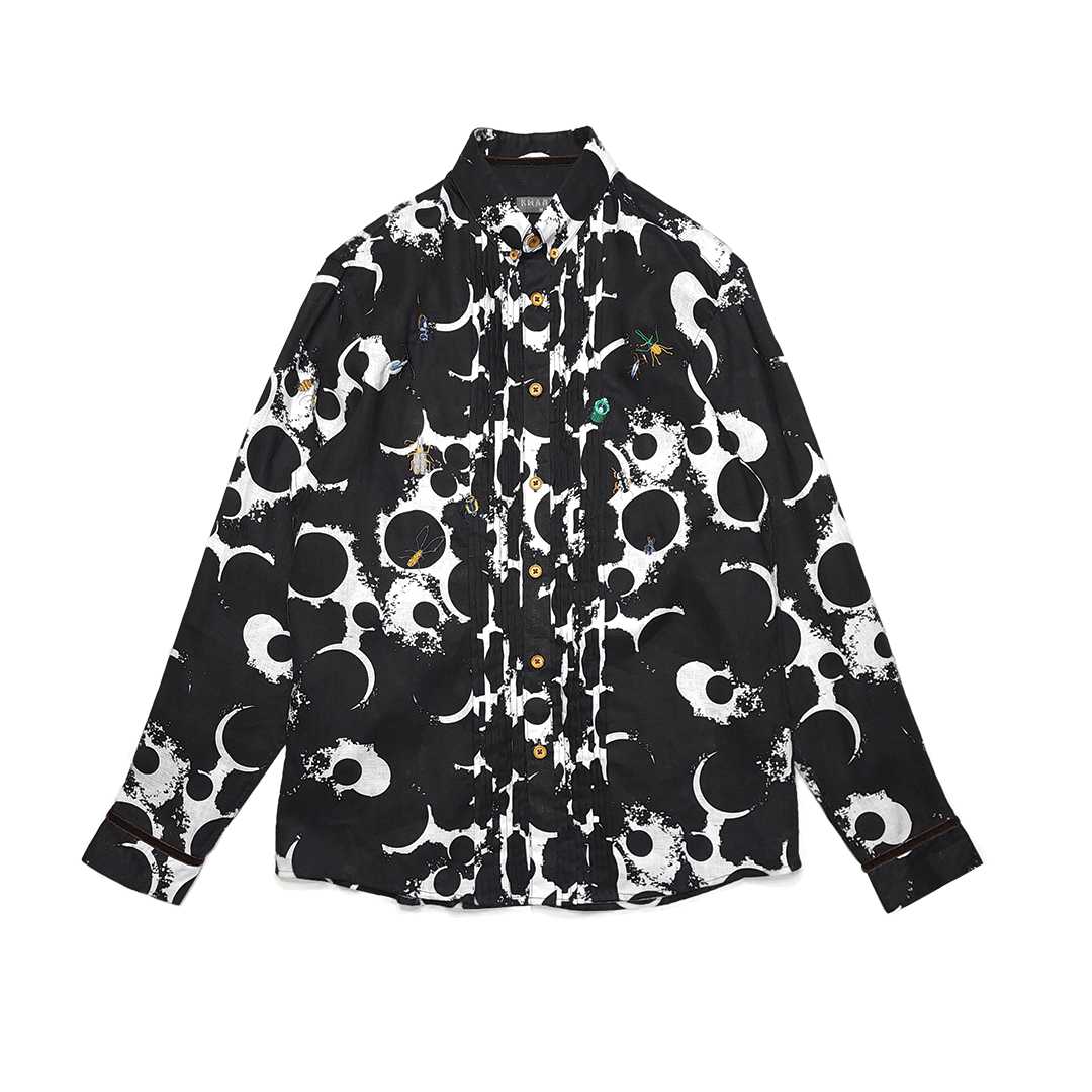 Linen Shirt With Black Polka Dots Screen Print And Signature Insect Embroidery.