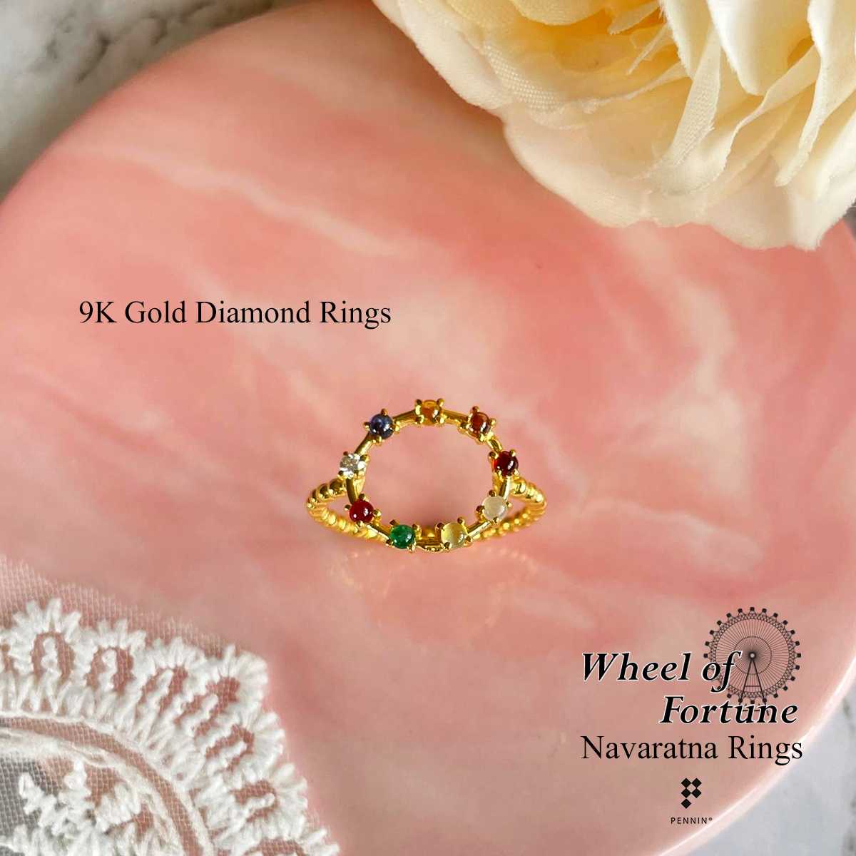 RW801129K  แหวนนพเก้าหลังเบี้ย ทองคำแท้ 9K 2.05g เพชรเบลเยียมน้ำ 98 0.03ct