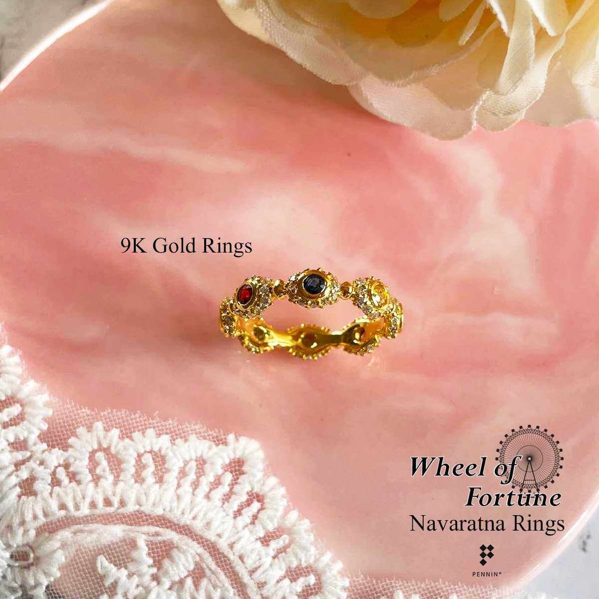 RW838129K  แหวนนพเก้า ทองคำแท้ 9K พลอยแท้ตามตำรา ล้อมเพชรรอบวง เสริมโชคลาภสิริมงคล