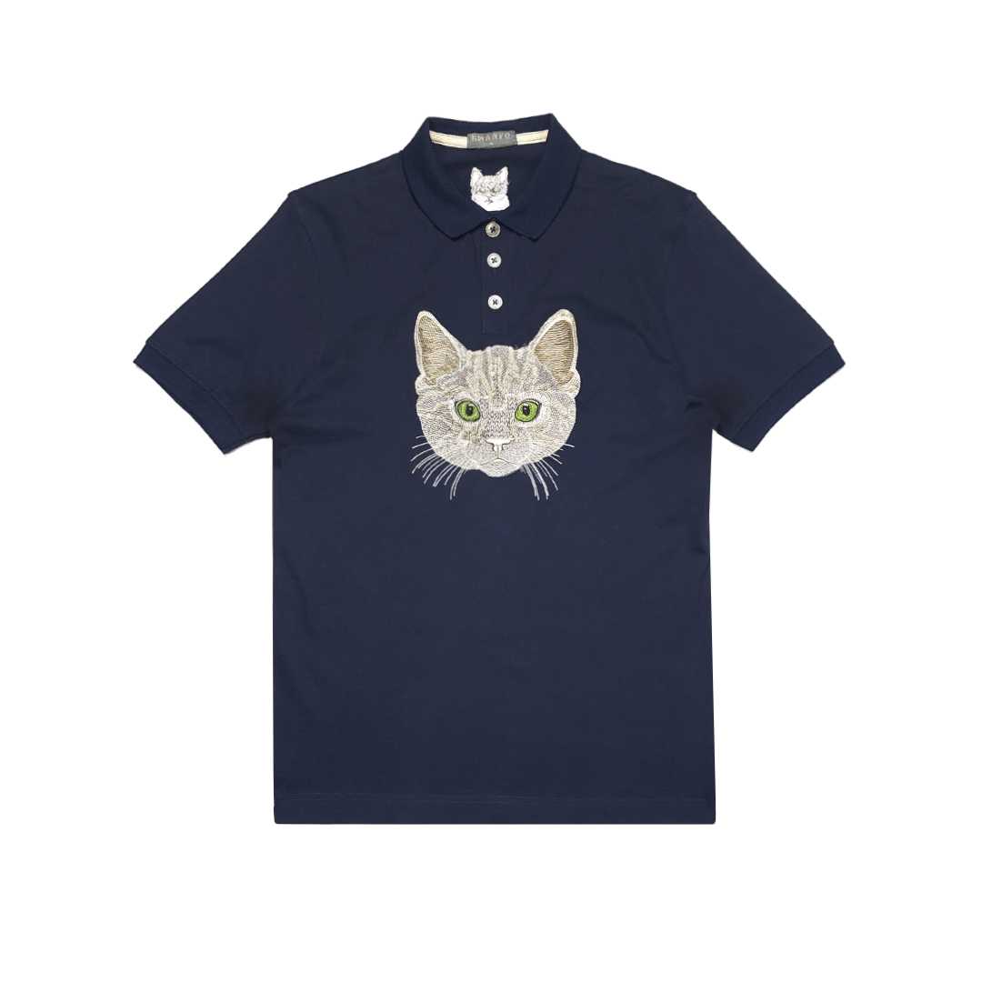 Signature Cat Embroidery On Navy Blue Cotton Polo-Shirt.