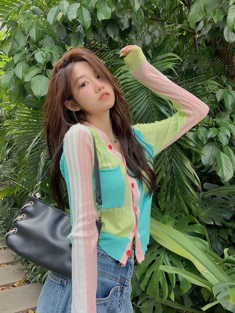 T183 เสื้อครอปคาร์ดิแกน สีสดใส สไตล์เกาหลี