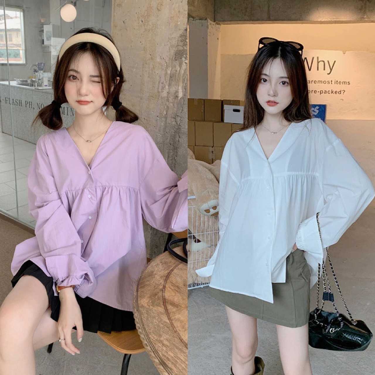 T169 เสื้อเชิ้ตสีพื้น ฟรีไซส์ สไตล์เกาหลี พร้อมส่ง 2 สี