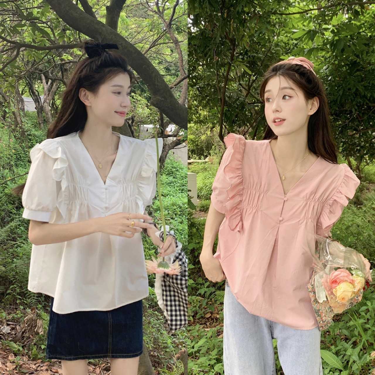 T170 เสื้อแขนสั้นแกระบาย สไตล์เกาหลี พร้อมส่ง 2 สี