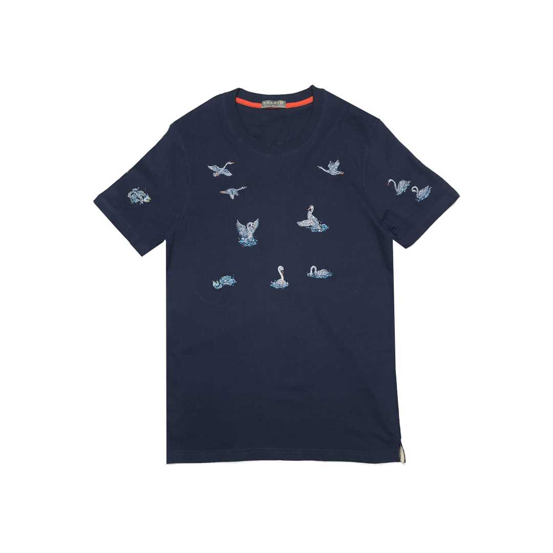 Signature Swan Embroidery On Navy Blue Super Soft Cotton T-Shirt.(HIMMAPAN)