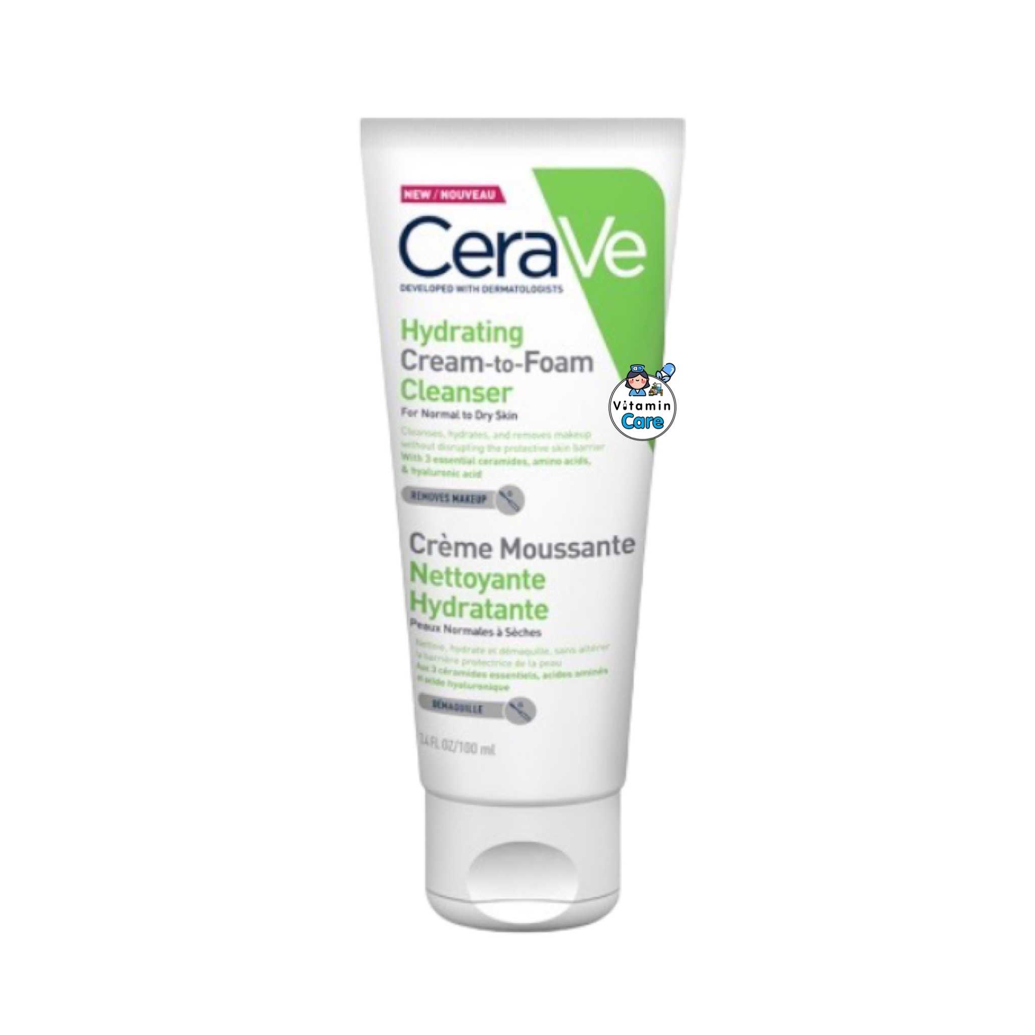 (100 มล) Cerave Hydrating Cream-To-Foam Cleanser ทำความสะอาดและล้างเครื่องสำอาง