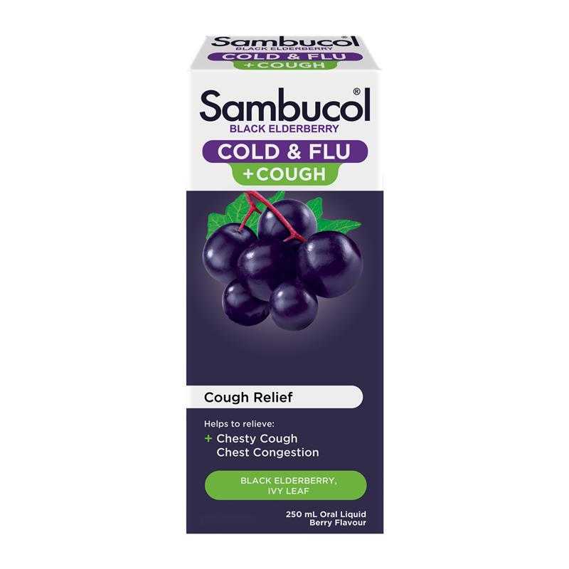 Sambucol  Cold & Flu สูตรใหม่ Cough Liquid 250 ml เสริมภูมิต้านทาน บรรเทาอาการไอ
