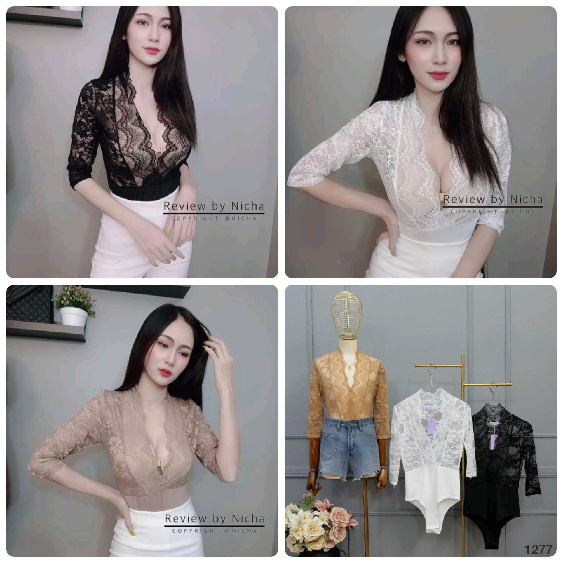 บอดี้สูทงานลูกไม้ แต่งลวดลาย แขนห้าส่วน พร้อมส่ง n15