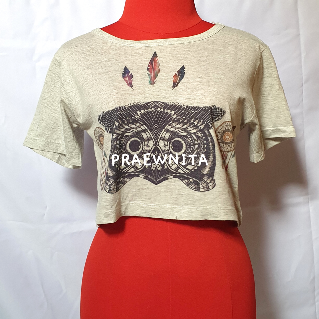(อ่านก่อนซื้อ) เสื้อมือสอง เสื้อครอปลายนกฮูก เสื้อครอปสีเทา เสื้อสีเทา เสื้อแขนสั้น