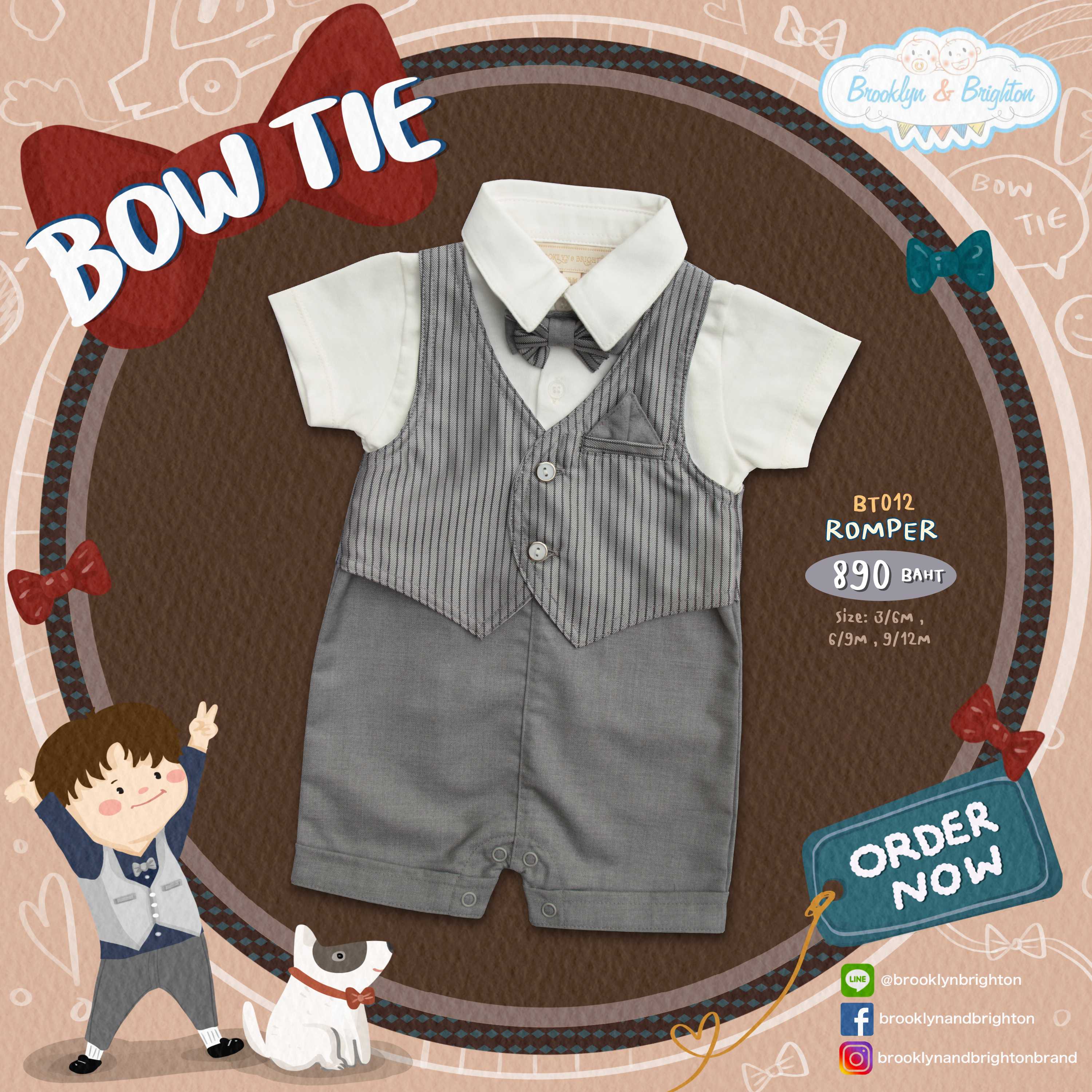 Bow Tie / ชุดออกงาน ชุดสูทเด็ก - BT012 - Romper ริ้วเงิน/เทา ขายดีตลอดกาล