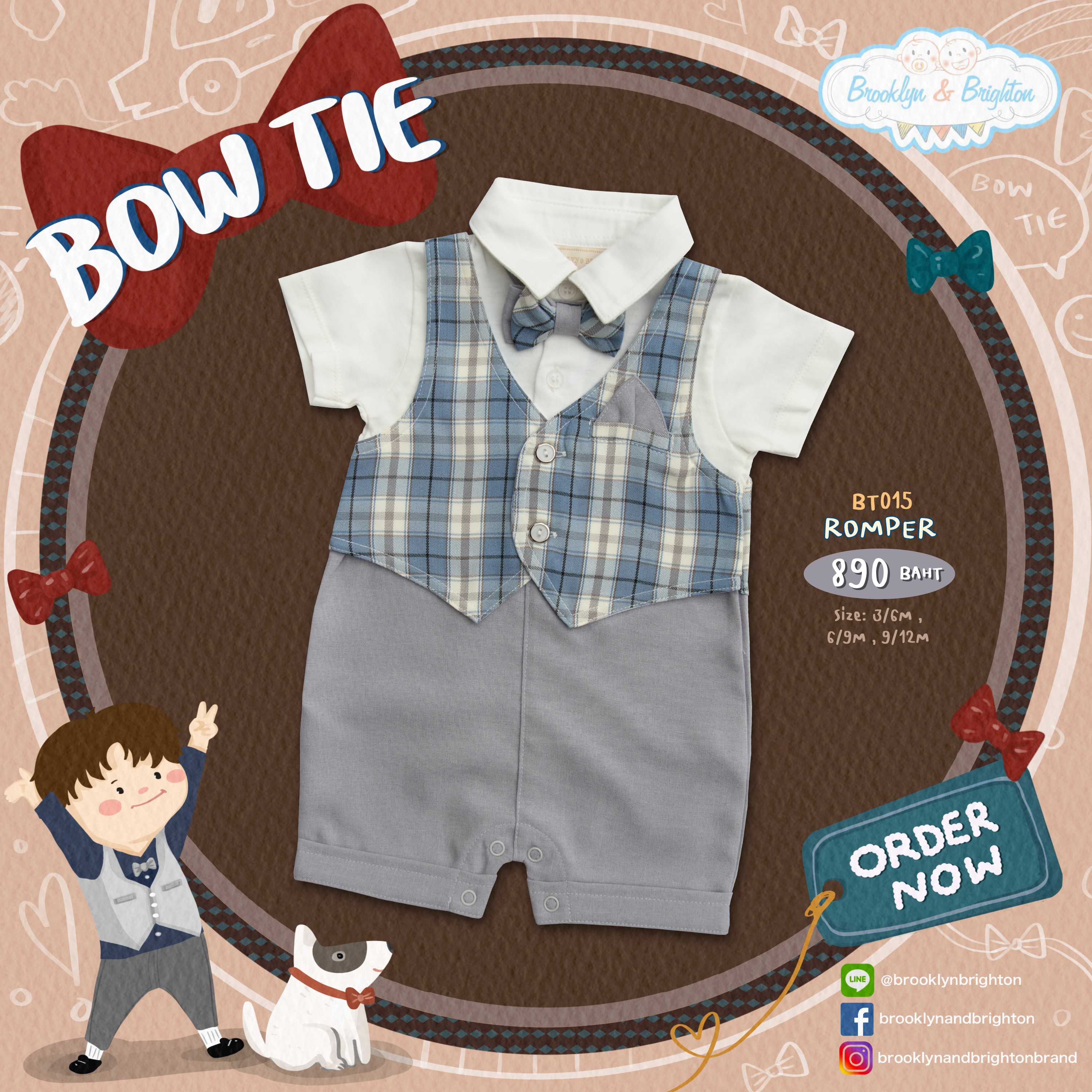 Bow Tie / ชุดออกงาน ชุดสูทเด็ก - BT015 - Romper สก๊อตครีมฟ้า/เทาอ่อน ขายดีตลอดกาล