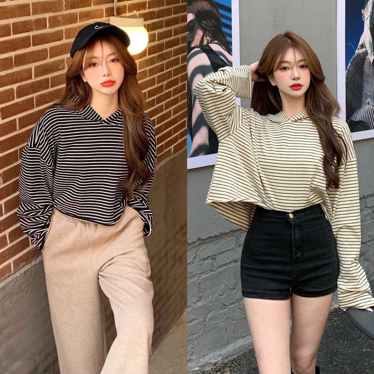 U45 เสื้อครอปลายทาง ทรงโอเวอร์ไซส์ มีฮูด มี 2 สี