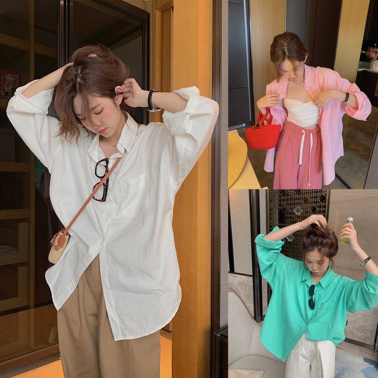 T189 เสื้อเชิ้ตสีพื้น ทรงโอเวอร์ไซส์ สไตล์เกาหลี มี 3 สี
