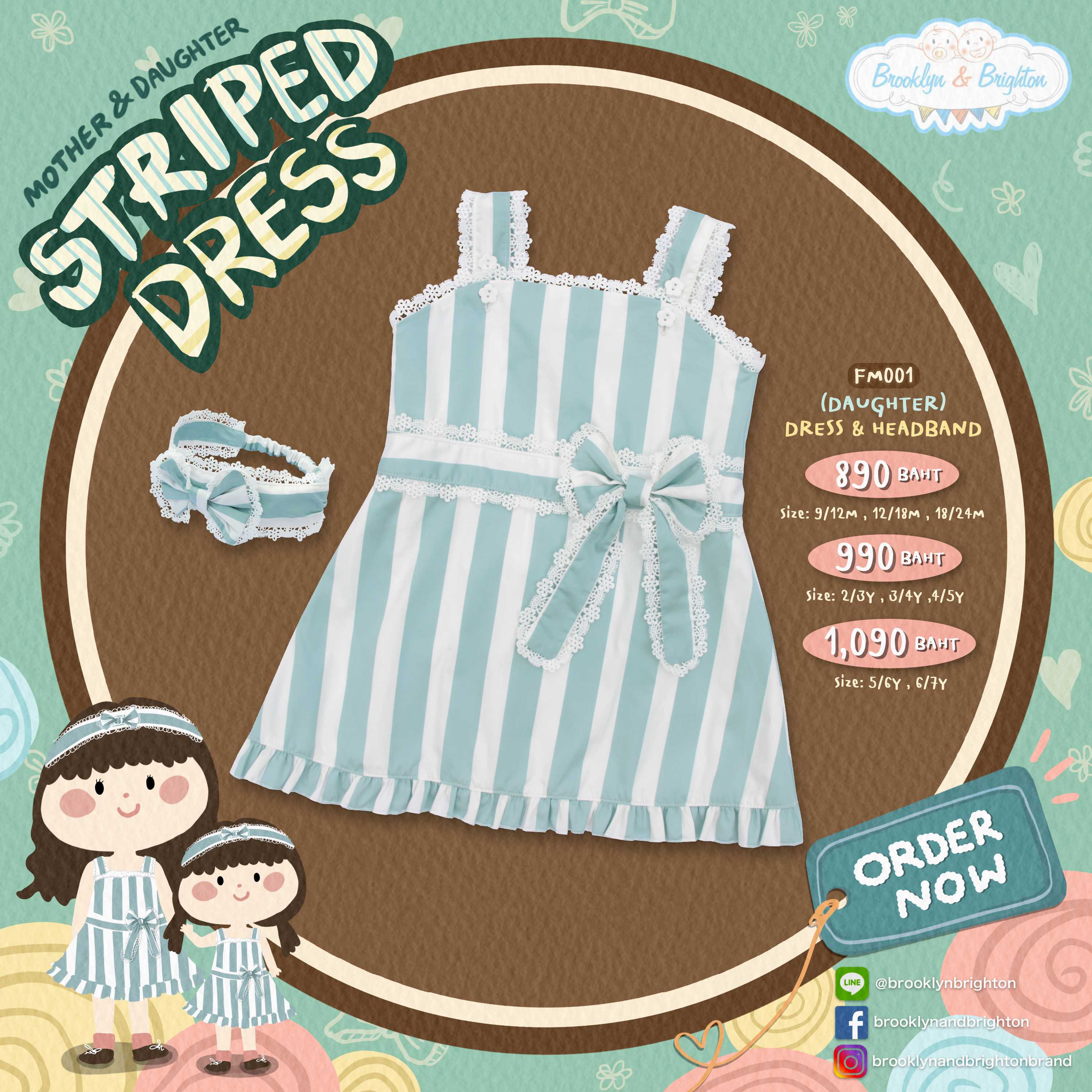 Stripe Bow Dress (Mint)+Headband / ชุดเดรสโบว์ลายริ้ว (มิ้น)+ผ้าคาดผม - FM001 ชุดคู่แม่ลูก- ชุดลูก