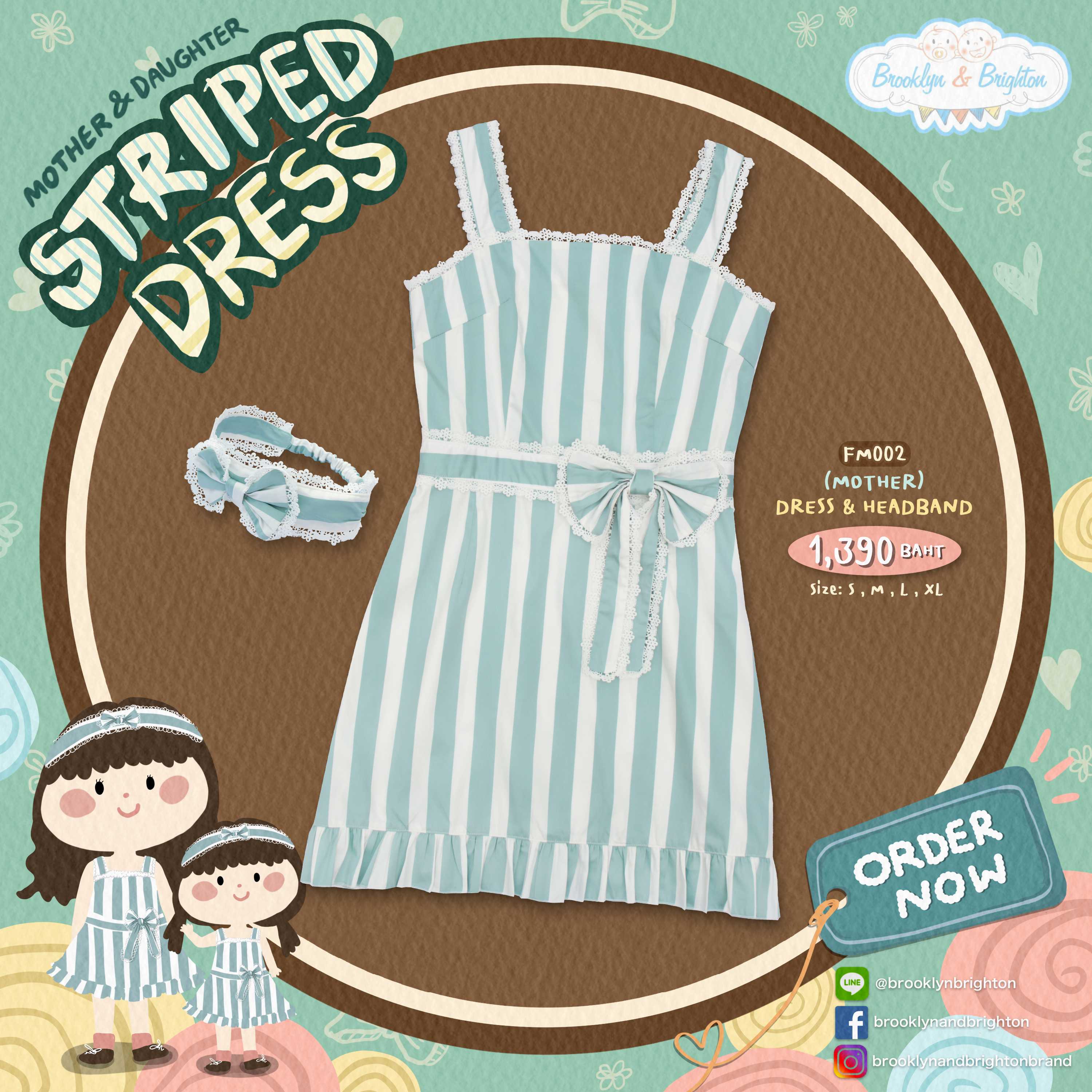 Stripe Bow Dress (Mint)+Headband / ชุดเดรสโบว์ลายริ้ว (มิ้น)+ผ้าคาดผม - FM002 ชุดคู่แม่ลูก- ชุดแม่