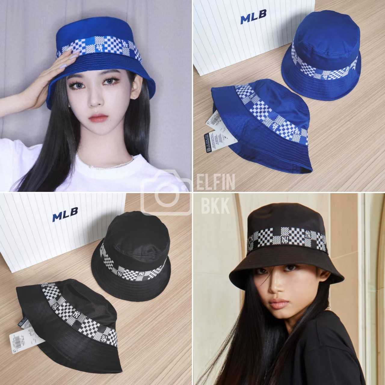 Clearance Sale📣 MLB Checker Board Denim Bucket Hat หมวกบักเก็ต หมวกปีกกว้าง สีดำ สีน้ำเงิน