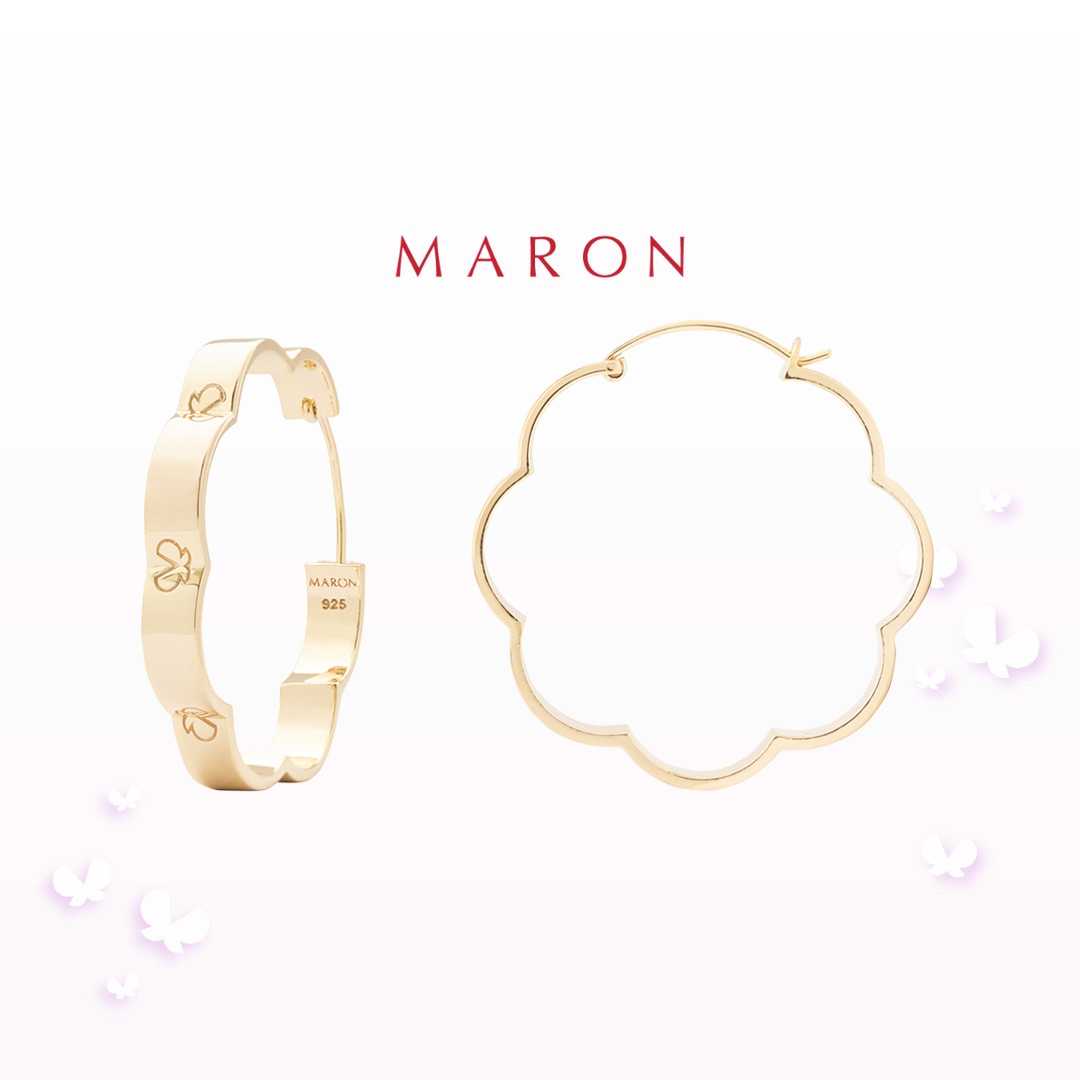 MARON - Happy Lining Hoop Earring ต่างหูห่วง เงินแท้925 ชุบ Beige Gold