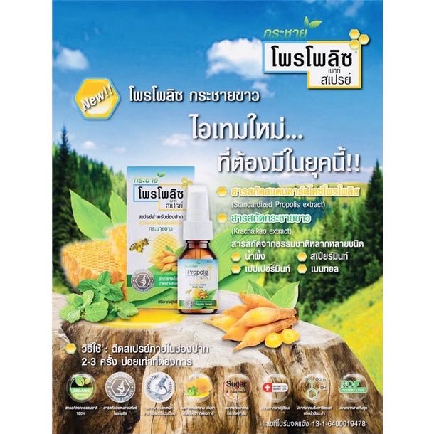 สเปรย์ โพรโพลิซ กระชายขาว, exhurb Propoliz Krachaikao Extract  เจ็บคอ ระคายคอ ชุ่มคอ 