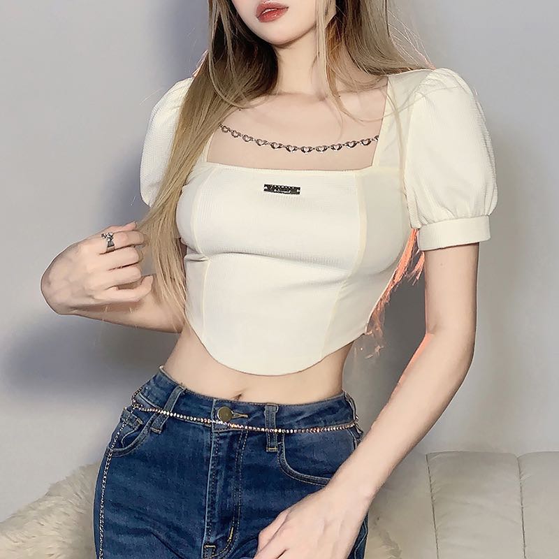 พร้อมส่ง🖤[H2]เสื้อครอปแขนตุ๊กตา(สีครีม)