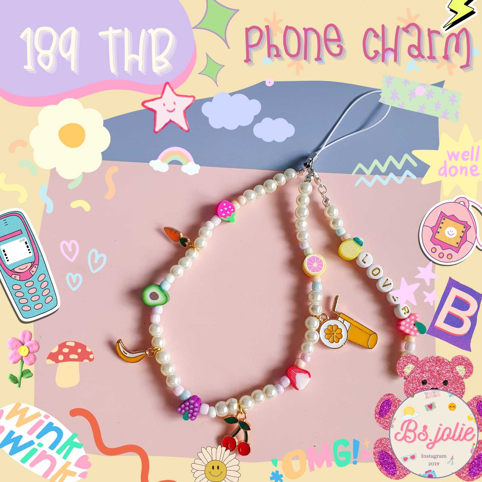 phone charm ลูกปัดมุกจี้ผลไม้