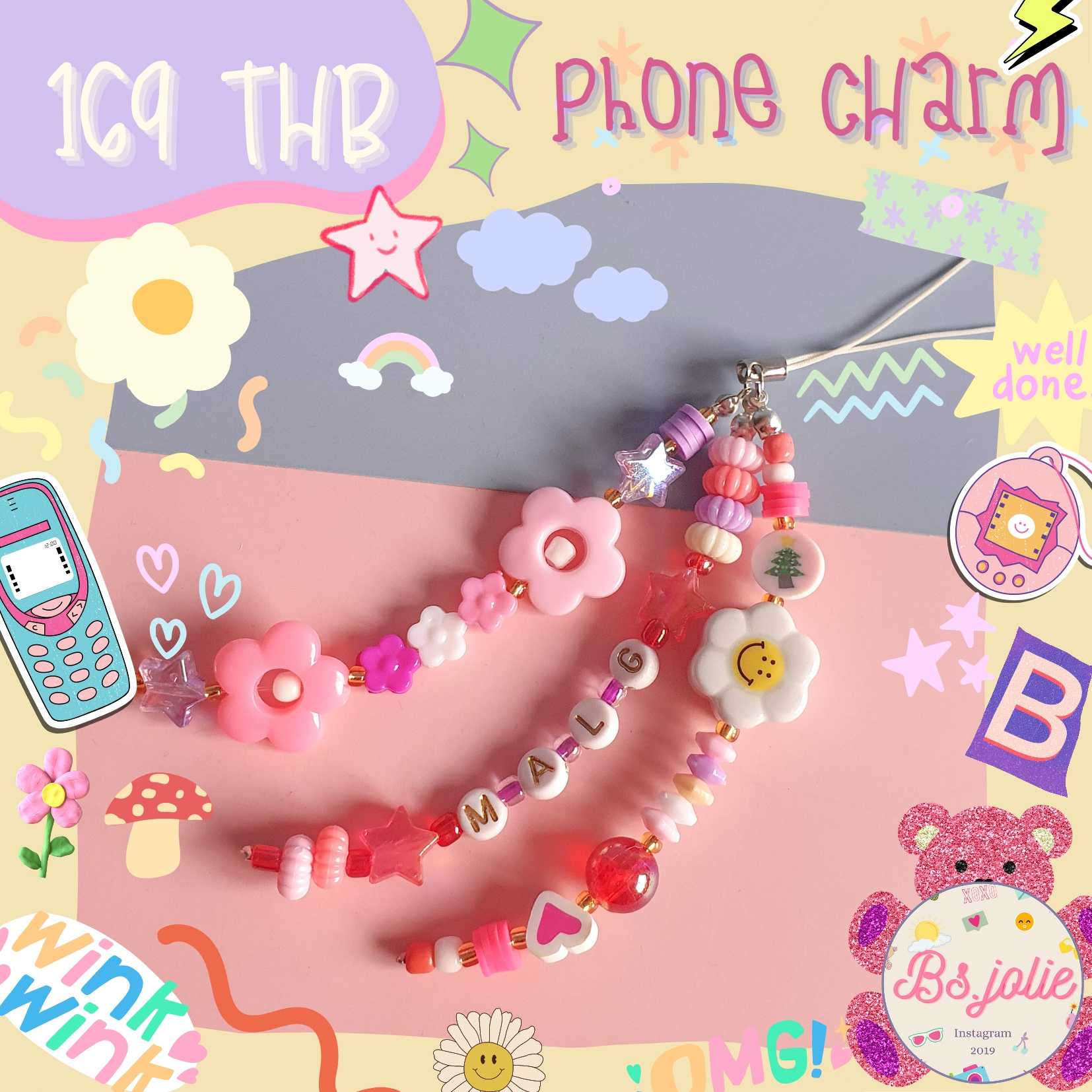 Phone charm โทนสีแดงดอกไม้ยิ้ม
