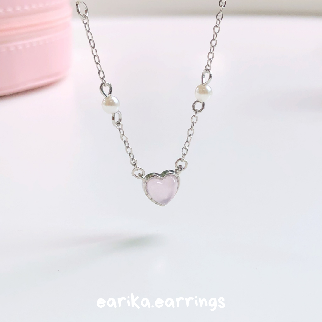 earika.earrings - pink opal heart necklace สร้อยคอจี้หัวใจชมพูเงินแท้ S92.5 ปรับขนาดได้