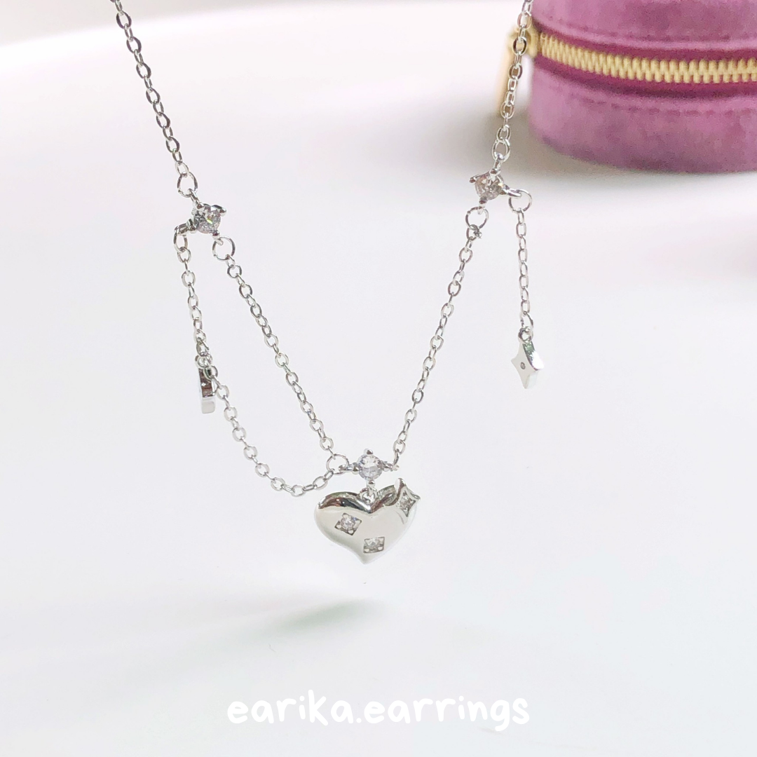 earika.earrings - coral sparkle heart necklace สร้อยคอจี้หัวใจเงินแท้ S92.5 ปรับขนาดได้