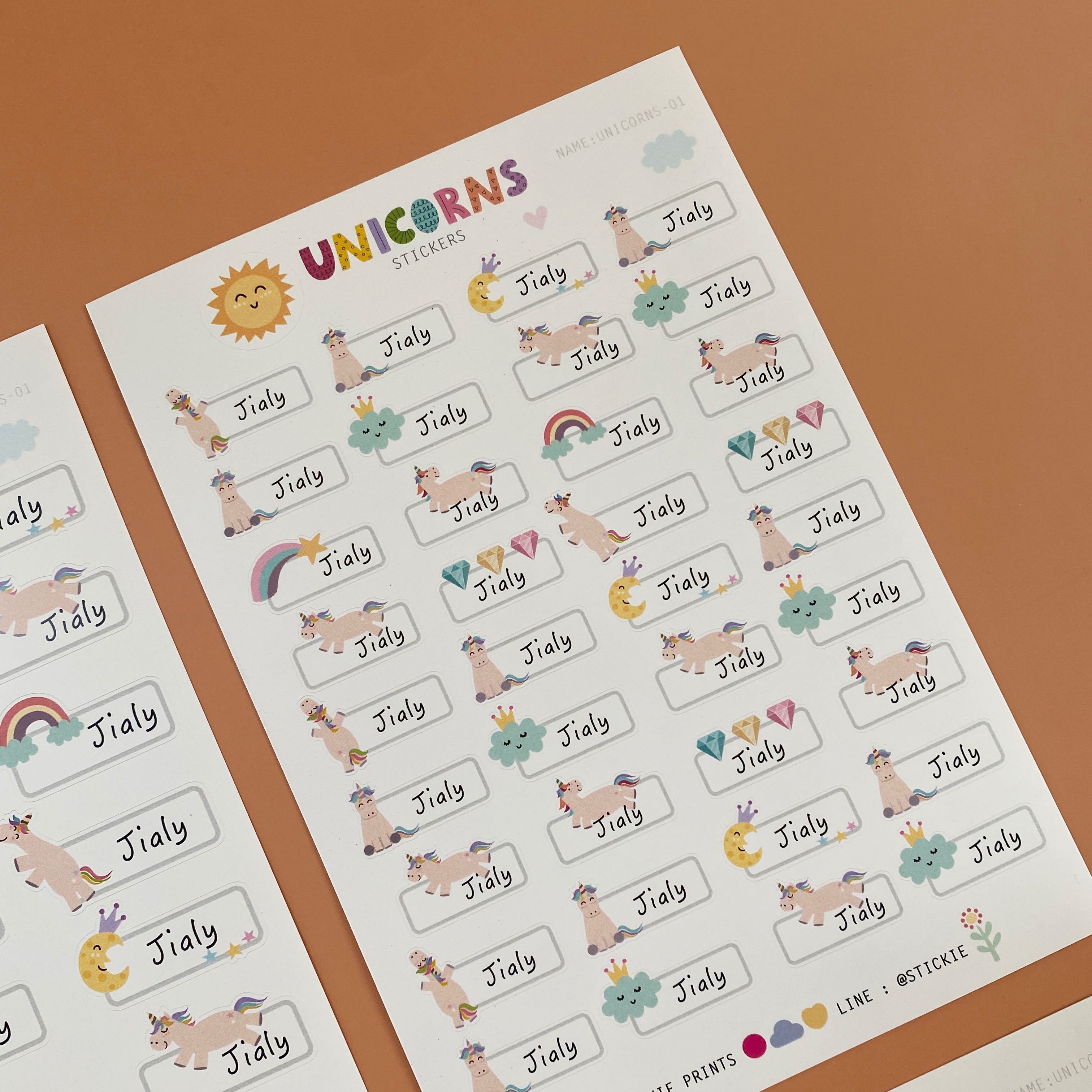 สติ๊กเกอร์ชื่อ กันน้ำ ลาย UNICORN ( Name Sticker 4 sheet / set )