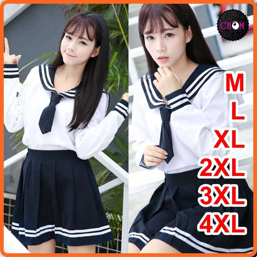 พร้อมส่ง✿M-4XLเอวยืด ชุดนักเรียนญี่ปุ่นแขนยาว ปกกะลาสี ผูกไทค ไซด์ใหญ่ พร้อมส่ง ชุดนักเรียนแขนยาว