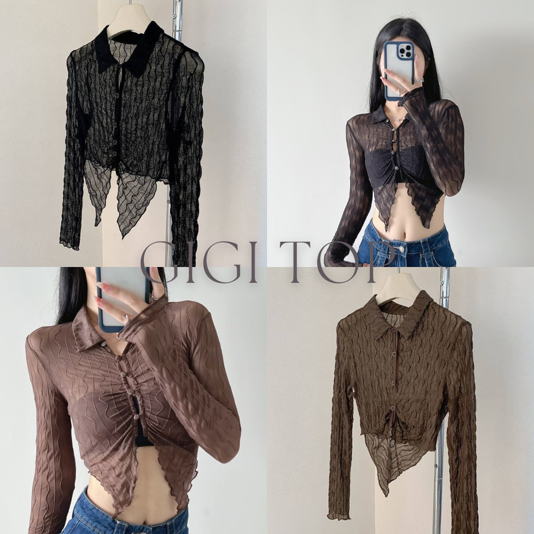 𝐆𝐢𝐠𝐢 𝐭𝐨𝐩 ♡ เสื้อครอปแขนยาว ปลายสามเหลี่ยม กระดุมแกะได้
